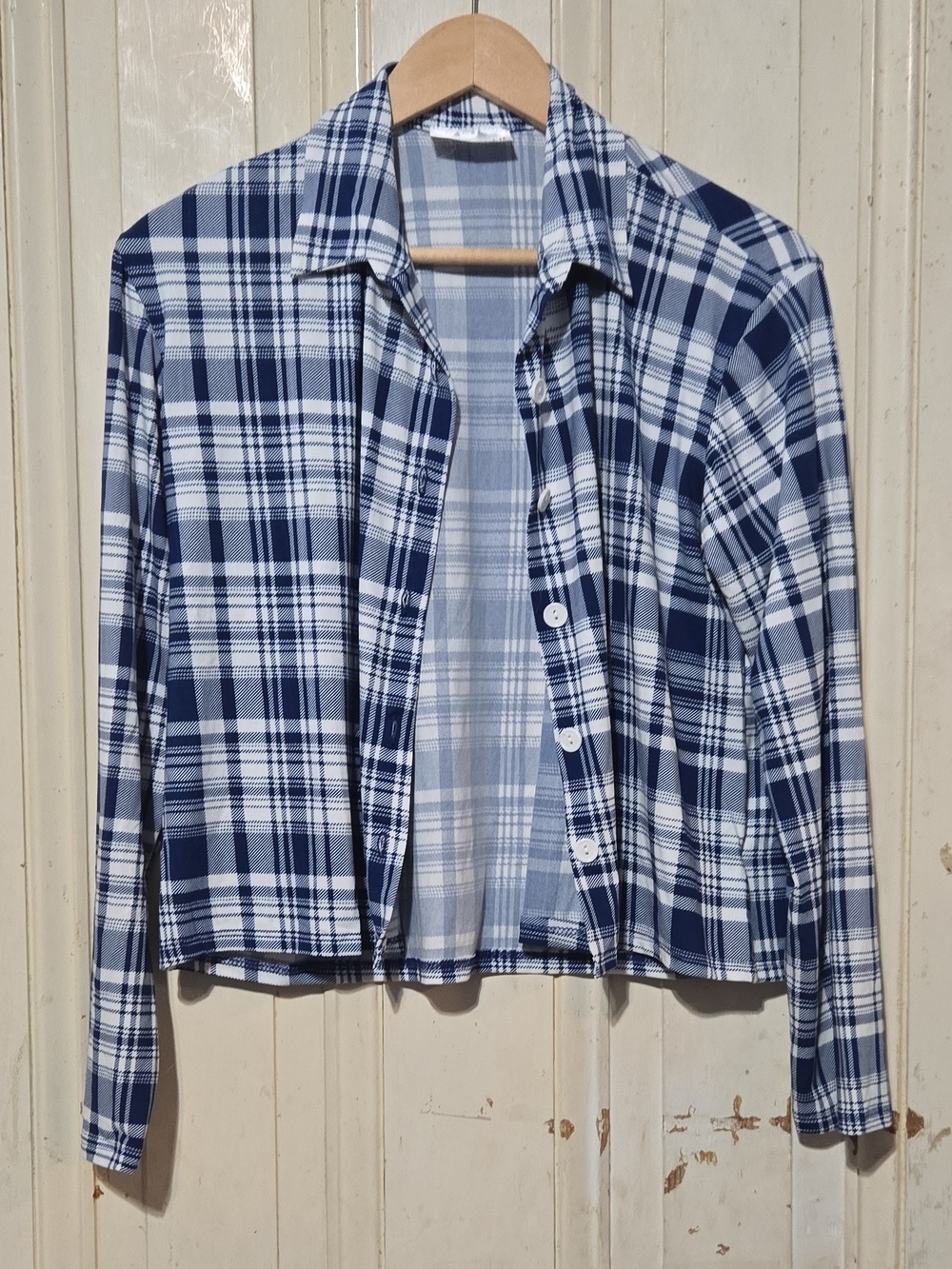 Women’s Blue and White Plaid Button-Up Shacket